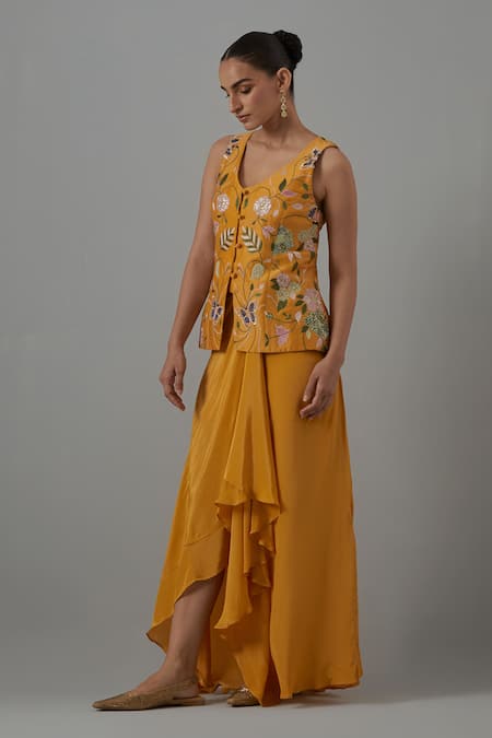 Priya Chaudhary Embroidered Crepe Top & Draped Skirt 