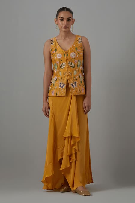 Buy_Priya Chaudhary_Yellow Crepe Embroidery, Sequins V-neck Top And Draped Skirt _Online_at_Aza_Fashions