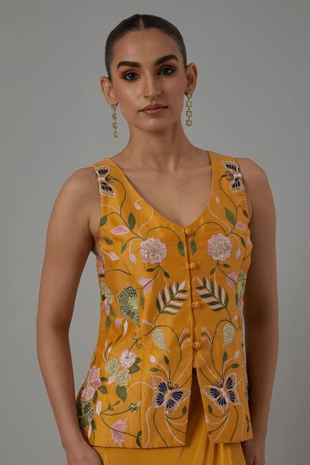 Priya Chaudhary_Yellow Crepe Embroidery, Sequins V-neck Top And Draped Skirt _at_Aza_Fashions