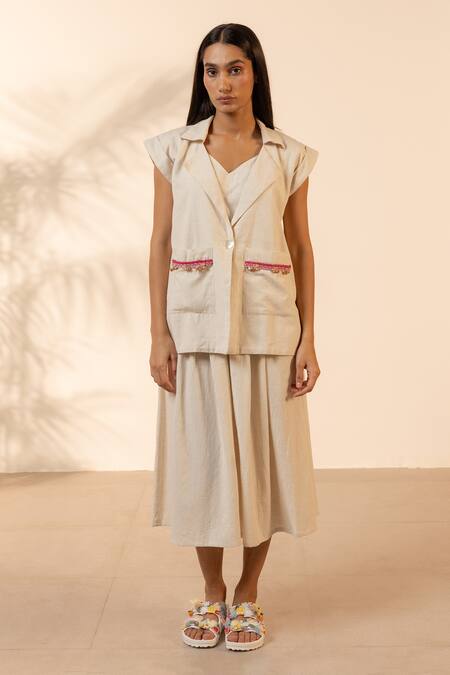 Buy OurDve Beige Handloom Cotton Embroidery, Beads Collared Blossom Jacket And Skirt Set Online at Aza Fashions Buy_OurDve_Beige Handloom Cotton Embroidery, Beads Collared Blossom Jacket And Skirt Set _Online_at_Aza_Fashions