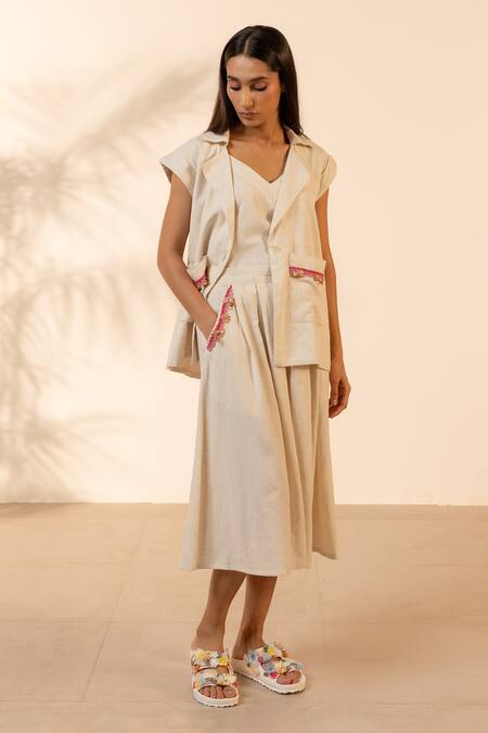 OurDve Beige Handloom Cotton Embroidery, Beads Collared Blossom Jacket And Skirt Set at Aza Fashions OurDve_Beige Handloom Cotton Embroidery, Beads Collared Blossom Jacket And Skirt Set _at_Aza_Fashions