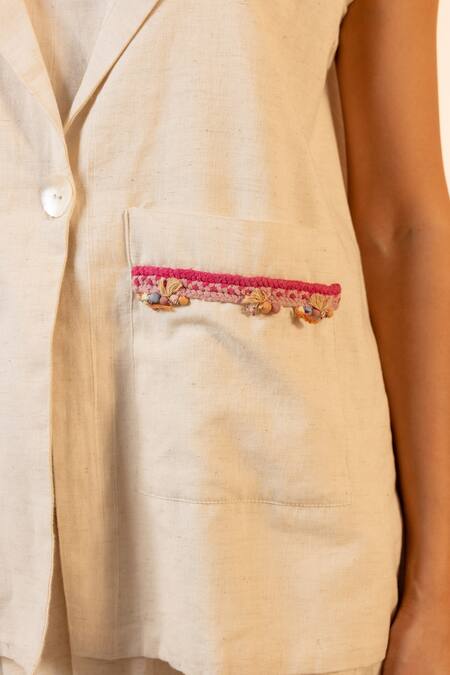 Buy OurDve Beige Handloom Cotton Embroidery, Beads Collared Blossom Jacket And Skirt Set Buy_OurDve_Beige Handloom Cotton Embroidery, Beads Collared Blossom Jacket And Skirt Set