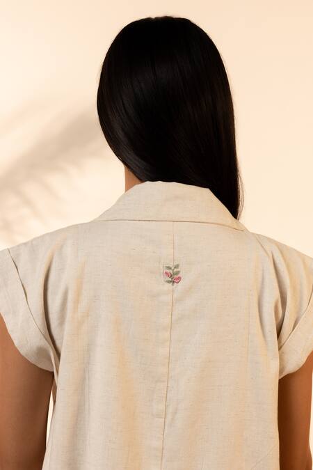 Shop OurDve Beige Handloom Cotton Embroidery, Beads Collared Blossom Jacket And Skirt Set Shop_OurDve_Beige Handloom Cotton Embroidery, Beads Collared Blossom Jacket And Skirt Set