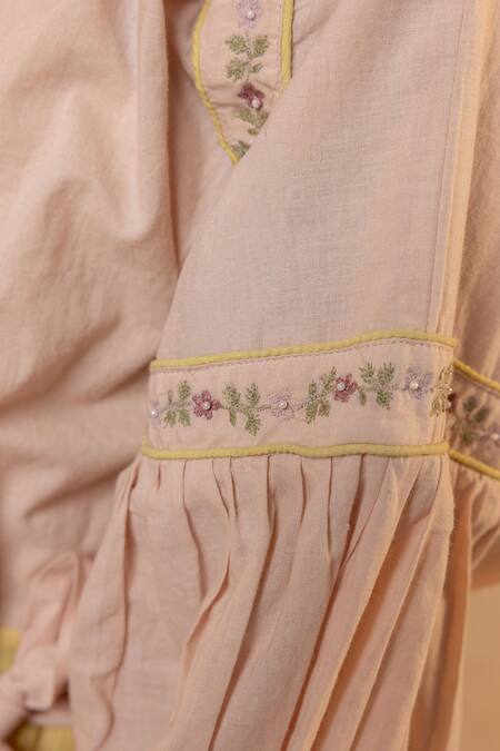 Shop_Ourdve_Pink Cotton Embroidery Mandarin Collar Citrus Striped Dress With Belt _Online_at_Aza_Fashions