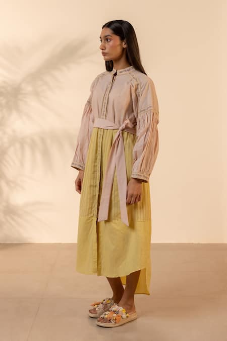Ourdve_Pink Cotton Embroidery Mandarin Collar Citrus Striped Dress With Belt _at_Aza_Fashions