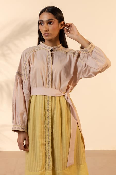 Buy_Ourdve_Pink Cotton Embroidery Mandarin Collar Citrus Striped Dress With Belt 
