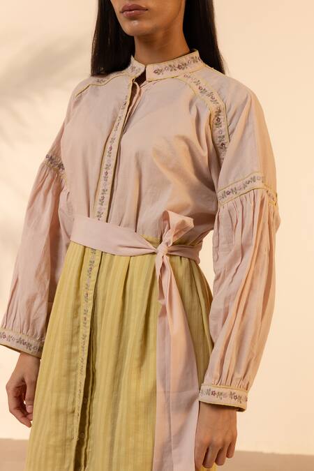 Shop_Ourdve_Pink Cotton Embroidery Mandarin Collar Citrus Striped Dress With Belt 