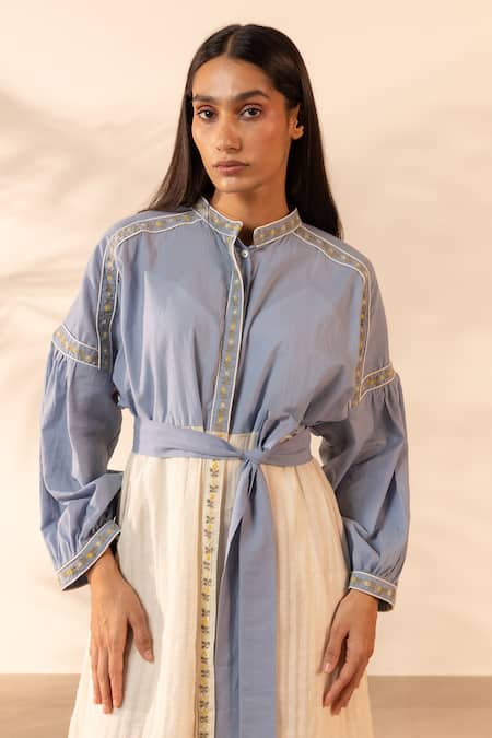 Ourdve_Blue Cotton Embroidery Mandarin Collar Citrus Dress With Belt _Online_at_Aza_Fashions