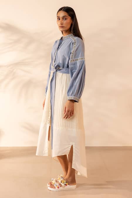 Buy_Ourdve_Blue Cotton Embroidery Mandarin Collar Citrus Dress With Belt _Online_at_Aza_Fashions