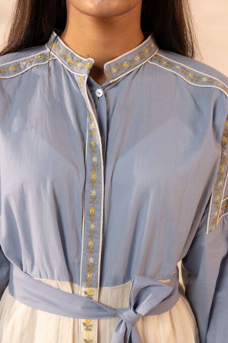 Shop_Ourdve_Blue Cotton Embroidery Mandarin Collar Citrus Dress With Belt _Online_at_Aza_Fashions