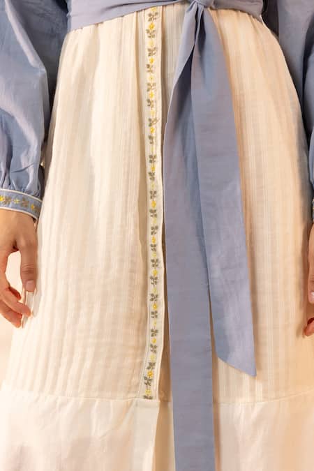 Ourdve_Blue Cotton Embroidery Mandarin Collar Citrus Dress With Belt _at_Aza_Fashions