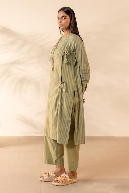Shop OurDve Green Cotton Embroidery, Tassels Keyhole Neck Honeydew Striped Kurta Online at Aza Fashions Shop_OurDve_Green Cotton Embroidery, Tassels Keyhole Neck Honeydew Striped Kurta _Online_at_Aza_Fashions