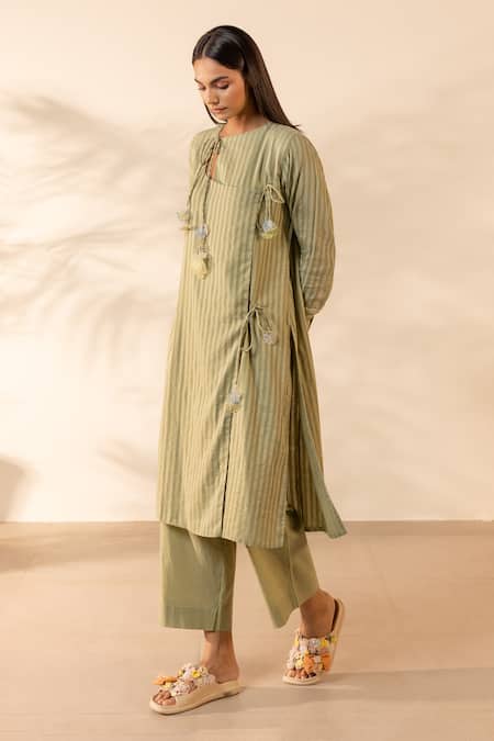 OurDve Green Cotton Embroidery, Tassels Keyhole Neck Honeydew Striped Kurta 