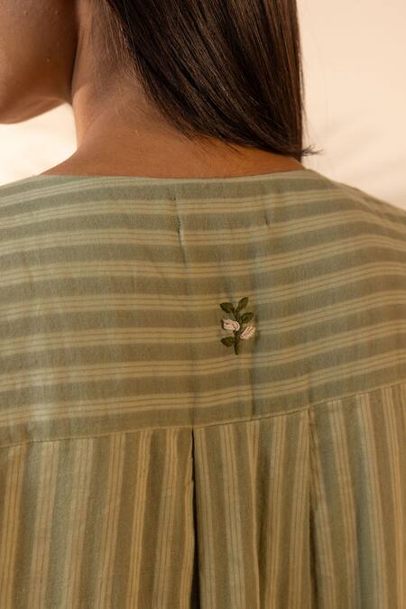 OurDve Green Cotton Embroidery, Tassels Keyhole Neck Honeydew Striped Kurta at Aza Fashions OurDve_Green Cotton Embroidery, Tassels Keyhole Neck Honeydew Striped Kurta _at_Aza_Fashions