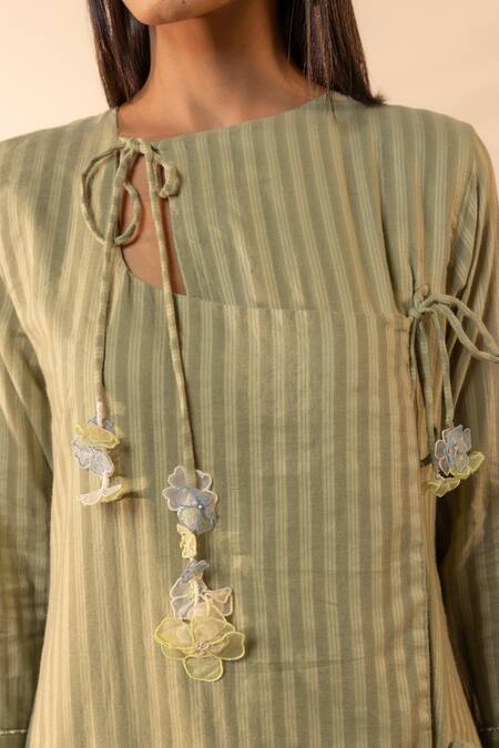 Shop OurDve Green Cotton Embroidery, Tassels Keyhole Neck Honeydew Striped Kurta Shop_OurDve_Green Cotton Embroidery, Tassels Keyhole Neck Honeydew Striped Kurta