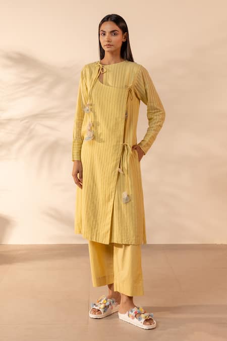 OurDve Honeydew Striped Angrakha Kurta 