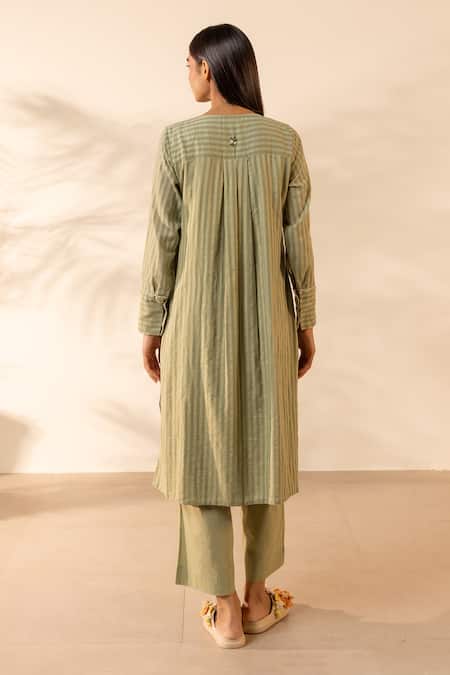 Shop OurDve Green Cotton Fabric Flowers, Embroidery Round Honeydew Striped Kurta And Pant Set at Aza Fashions Shop_OurDve_Green Cotton Fabric Flowers, Embroidery Round Honeydew Striped Kurta And Pant Set _at_Aza_Fashions