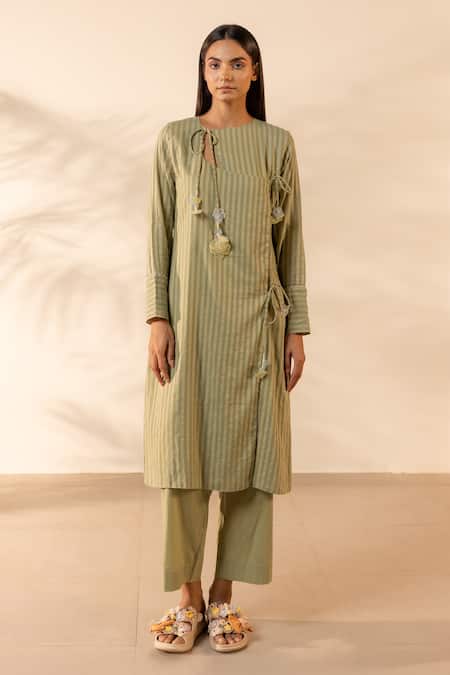 OurDve Honeydew Striped Cotton Kurta & Pant Set 