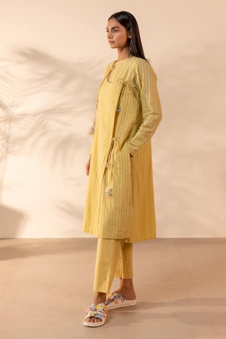 OurDve Yellow Cotton Embroidery, Tassels Round Neck Honeydew Striped Kurta And Pant Set Online at Aza Fashions OurDve_Yellow Cotton Embroidery, Tassels Round Neck Honeydew Striped Kurta And Pant Set _Online_at_Aza_Fashions