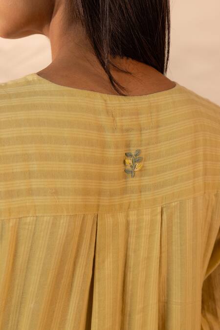 Shop OurDve Yellow Cotton Embroidery, Tassels Round Neck Honeydew Striped Kurta And Pant Set Online at Aza Fashions Shop_OurDve_Yellow Cotton Embroidery, Tassels Round Neck Honeydew Striped Kurta And Pant Set _Online_at_Aza_Fashions