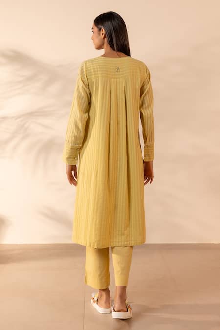 Shop OurDve Yellow Cotton Embroidery, Tassels Round Neck Honeydew Striped Kurta And Pant Set at Aza Fashions Shop_OurDve_Yellow Cotton Embroidery, Tassels Round Neck Honeydew Striped Kurta And Pant Set _at_Aza_Fashions