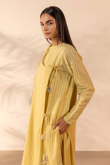 Buy OurDve Yellow Cotton Embroidery, Tassels Round Neck Honeydew Striped Kurta And Pant Set Buy_OurDve_Yellow Cotton Embroidery, Tassels Round Neck Honeydew Striped Kurta And Pant Set