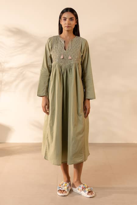 OurDve Green Cotton Embroidery, Sequins, Tassels Split V-neck Sunpetal Gathered Dress Online at Aza Fashions OurDve_Green Cotton Embroidery, Sequins, Tassels Split V-neck Sunpetal Gathered Dress _Online_at_Aza_Fashions