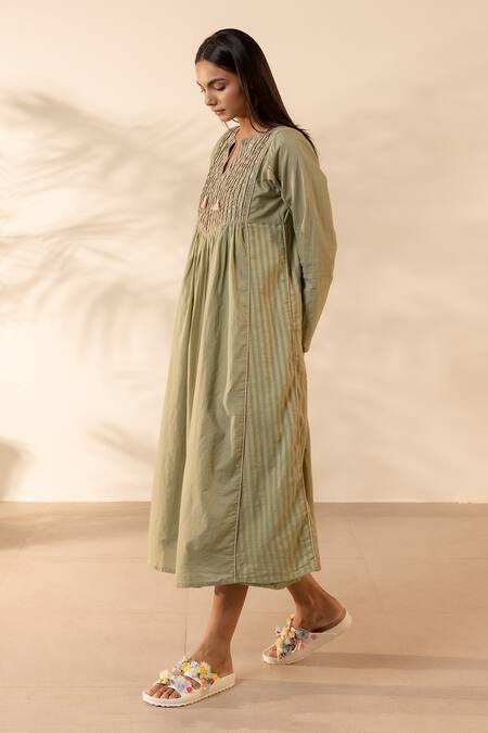 Buy OurDve Green Cotton Embroidery, Sequins, Tassels Split V-neck Sunpetal Gathered Dress Online at Aza Fashions Buy_OurDve_Green Cotton Embroidery, Sequins, Tassels Split V-neck Sunpetal Gathered Dress _Online_at_Aza_Fashions