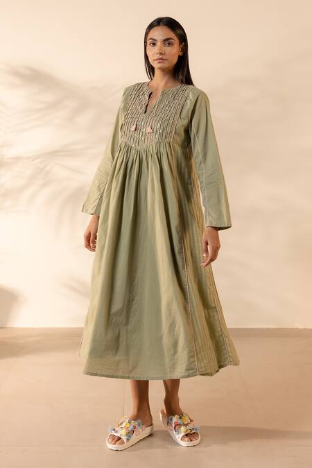 Shop OurDve Green Cotton Embroidery, Sequins, Tassels Split V-neck Sunpetal Gathered Dress Online at Aza Fashions Shop_OurDve_Green Cotton Embroidery, Sequins, Tassels Split V-neck Sunpetal Gathered Dress _Online_at_Aza_Fashions