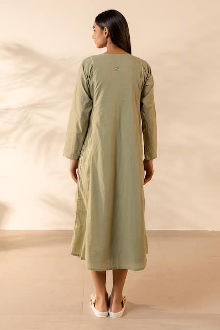 Shop OurDve Green Cotton Embroidery, Sequins, Tassels Split V-neck Sunpetal Gathered Dress at Aza Fashions Shop_OurDve_Green Cotton Embroidery, Sequins, Tassels Split V-neck Sunpetal Gathered Dress _at_Aza_Fashions