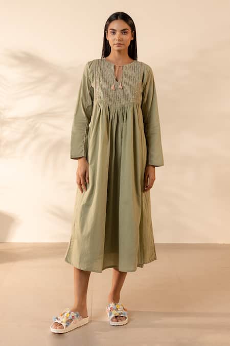 OurDve Green Cotton Embroidery, Sequins, Tassels Split V-neck Sunpetal Gathered Dress 