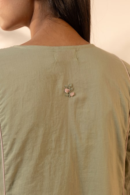 Buy OurDve Green Cotton Embroidery, Sequins, Tassels Split V-neck Sunpetal Gathered Dress Buy_OurDve_Green Cotton Embroidery, Sequins, Tassels Split V-neck Sunpetal Gathered Dress