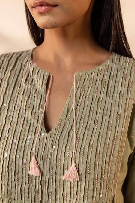 Shop OurDve Green Cotton Embroidery, Sequins, Tassels Split V-neck Sunpetal Gathered Dress Shop_OurDve_Green Cotton Embroidery, Sequins, Tassels Split V-neck Sunpetal Gathered Dress