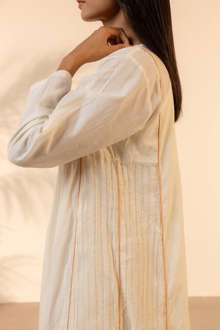 Shop Ourdve Beige Cotton Embroidery, Tassels Split V-neck Sunpetal Gathered Dress Shop_Ourdve_Beige Cotton Embroidery, Tassels Split V-neck Sunpetal Gathered Dress