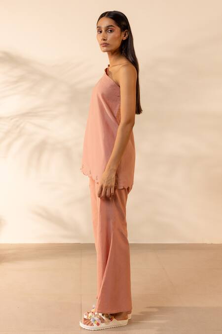 Ourdve Pink Cotton Embroidery One Shoulder Coral Scalloped Top Online at Aza Fashions Ourdve_Pink Cotton Embroidery One Shoulder Coral Scalloped Top _Online_at_Aza_Fashions