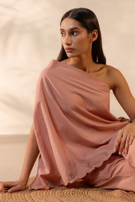 Buy Ourdve Pink Cotton Embroidery One Shoulder Coral Scalloped Top Online at Aza Fashions Buy_Ourdve_Pink Cotton Embroidery One Shoulder Coral Scalloped Top _Online_at_Aza_Fashions