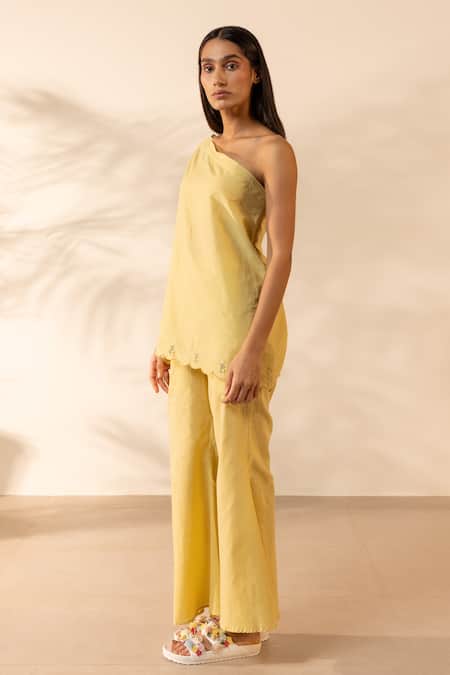 Ourdve_Yellow Cotton Embroidery One Shoulder Coral Scalloped Top _Online_at_Aza_Fashions