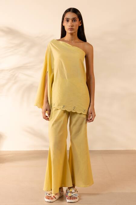 Buy_Ourdve_Yellow Cotton Embroidery One Shoulder Coral Scalloped Top _Online_at_Aza_Fashions