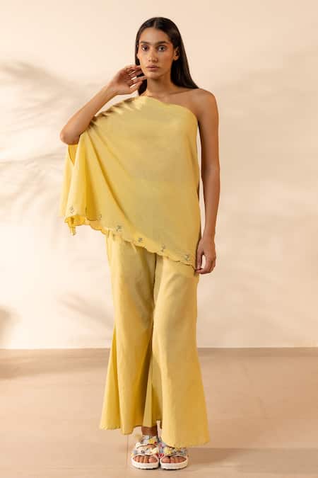 Shop_Ourdve_Yellow Cotton Embroidery One Shoulder Coral Scalloped Top _Online_at_Aza_Fashions