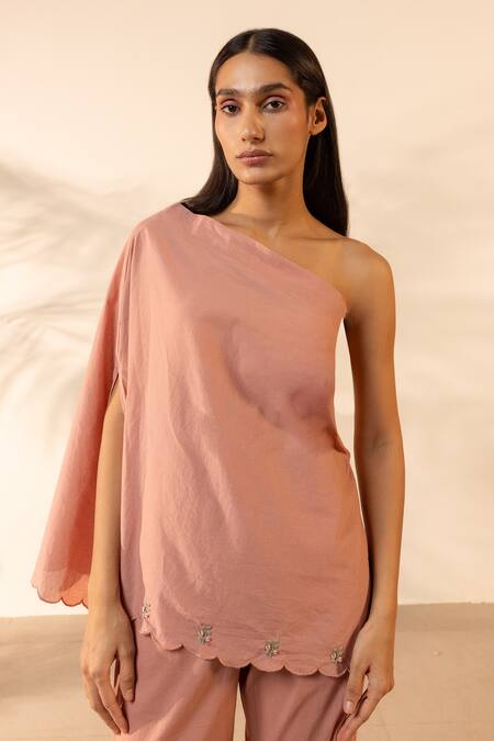 Ourdve Pink Cotton Embroidery One Shoulder Coral Scalloped Top And Pant Set Online at Aza Fashions Ourdve_Pink Cotton Embroidery One Shoulder Coral Scalloped Top And Pant Set _Online_at_Aza_Fashions
