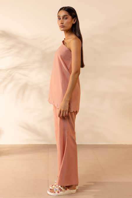 Buy Ourdve Pink Cotton Embroidery One Shoulder Coral Scalloped Top And Pant Set Online at Aza Fashions Buy_Ourdve_Pink Cotton Embroidery One Shoulder Coral Scalloped Top And Pant Set _Online_at_Aza_Fashions