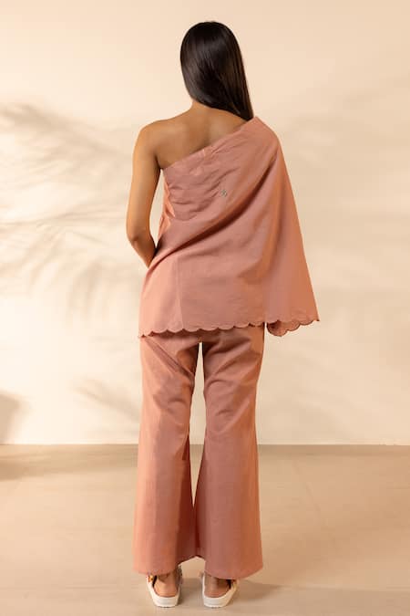 Ourdve Coral Scalloped One-Shoulder Top & Pant Set 