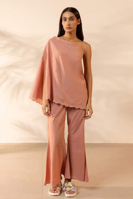 Ourdve Coral Scalloped One-Shoulder Top & Pant Set 