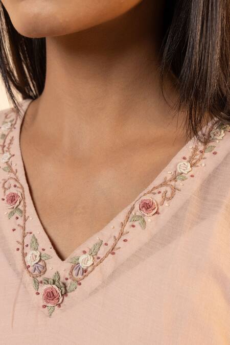 Buy OurDve Pink Cotton Embroidery V-neck Lemon Kaftan And Pant Set Online at Aza Fashions Buy_OurDve_Pink Cotton Embroidery V-neck Lemon Kaftan And Pant Set _Online_at_Aza_Fashions