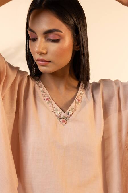 OurDve Pink Cotton Embroidery V-neck Lemon Kaftan And Pant Set at Aza Fashions OurDve_Pink Cotton Embroidery V-neck Lemon Kaftan And Pant Set _at_Aza_Fashions