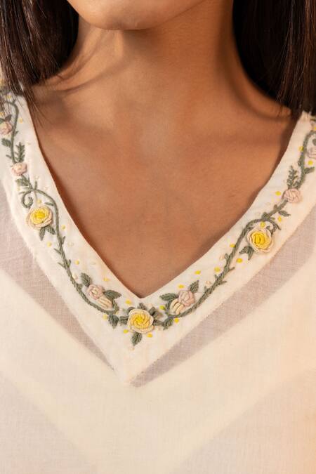 Buy_Ourdve_Beige Cotton Embroidery V-neck Lemon Kaftan And Pant Set _Online_at_Aza_Fashions