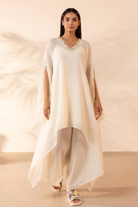 Ourdve Lemon Embroidered V-Neck Kaftan & Pant Set 