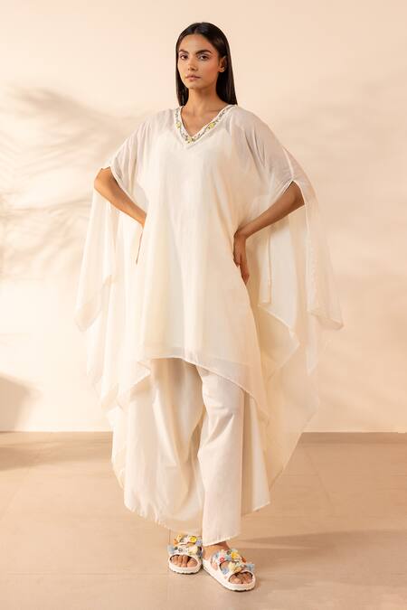 Ourdve_Beige Cotton Embroidery V-neck Lemon Kaftan And Pant Set _at_Aza_Fashions