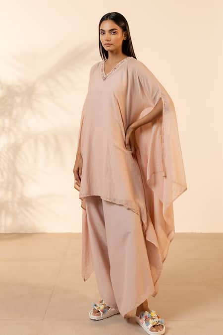 Buy OurDve Pink Cotton Embroidery V-neck Lemon Kaftan And Pant Set Online at Aza Fashions Buy_OurDve_Pink Cotton Embroidery V-neck Lemon Kaftan And Pant Set _Online_at_Aza_Fashions