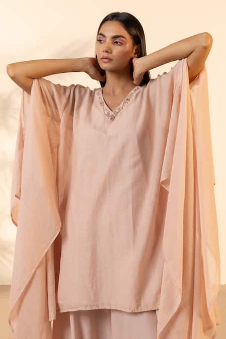 OurDve Pink Cotton Embroidery V-neck Lemon Kaftan And Pant Set at Aza Fashions OurDve_Pink Cotton Embroidery V-neck Lemon Kaftan And Pant Set _at_Aza_Fashions